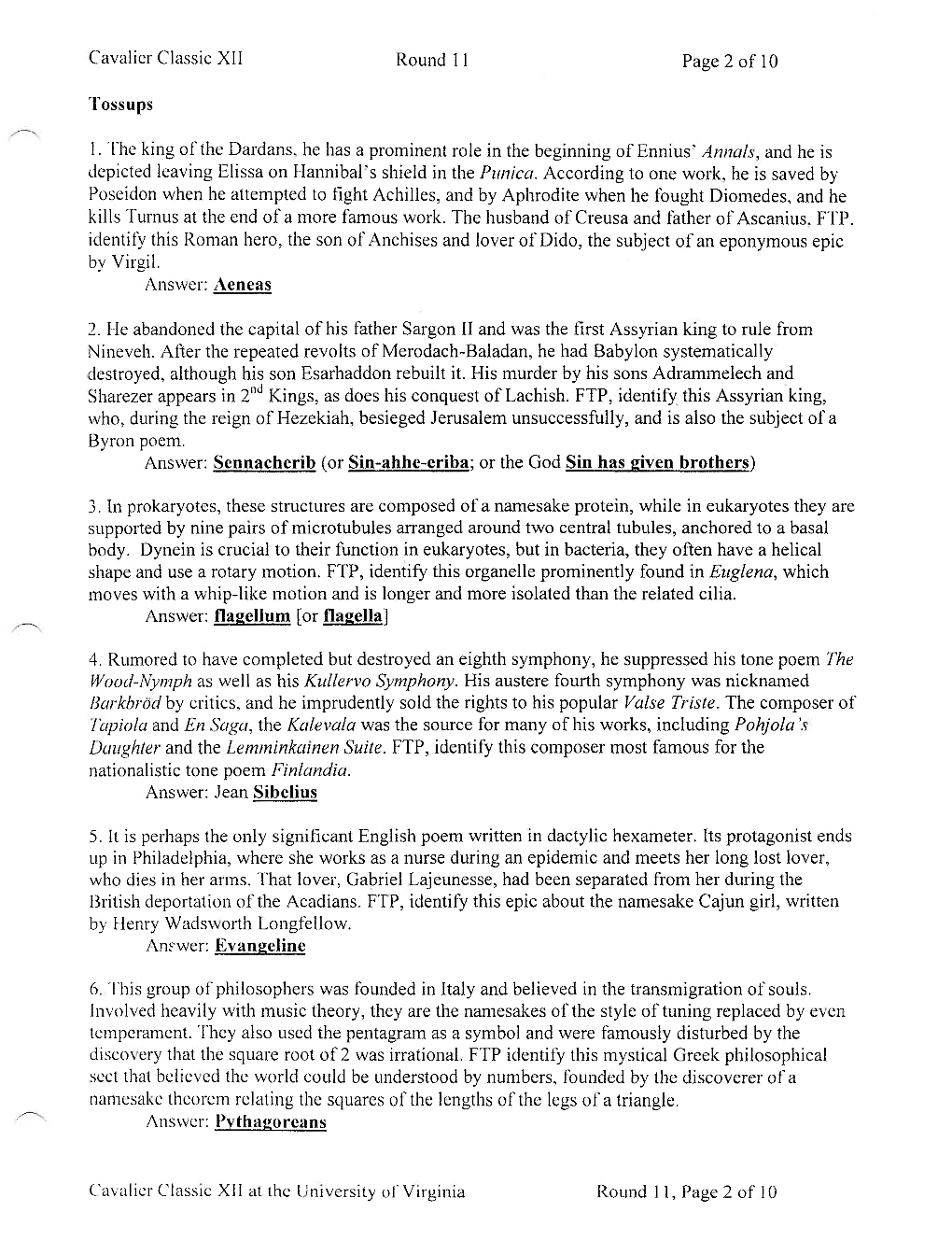 Cavalier Classic XII Round 11 Page 2 of 10 Tossups 1. the King Of