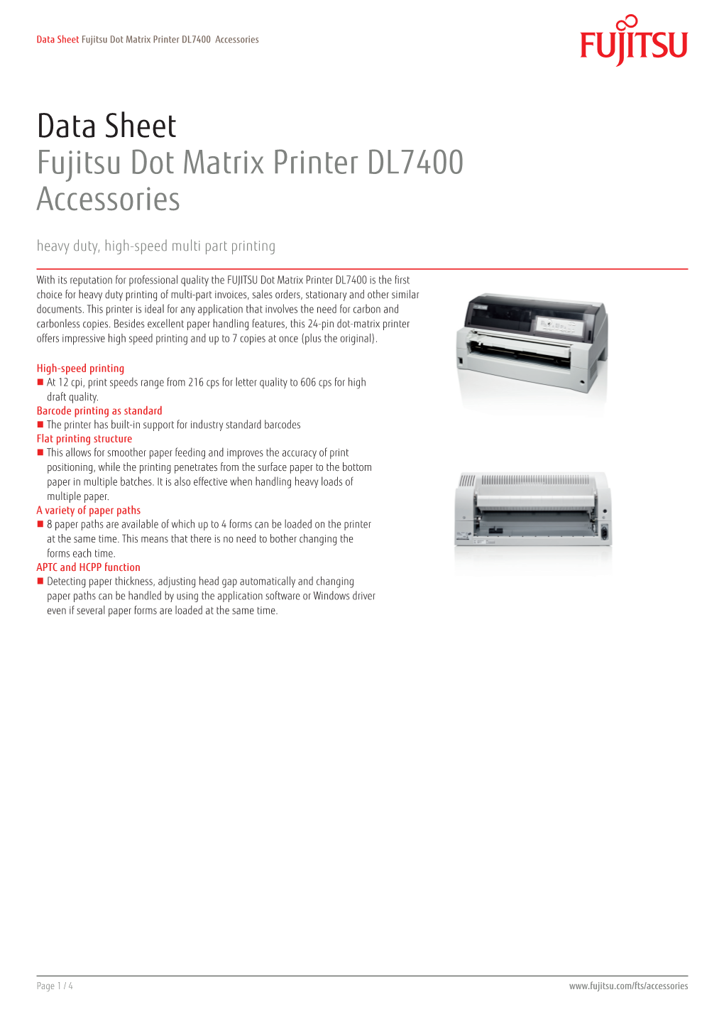 Data Sheet Fujitsu Dot Matrix Printer DL7400 Accessories