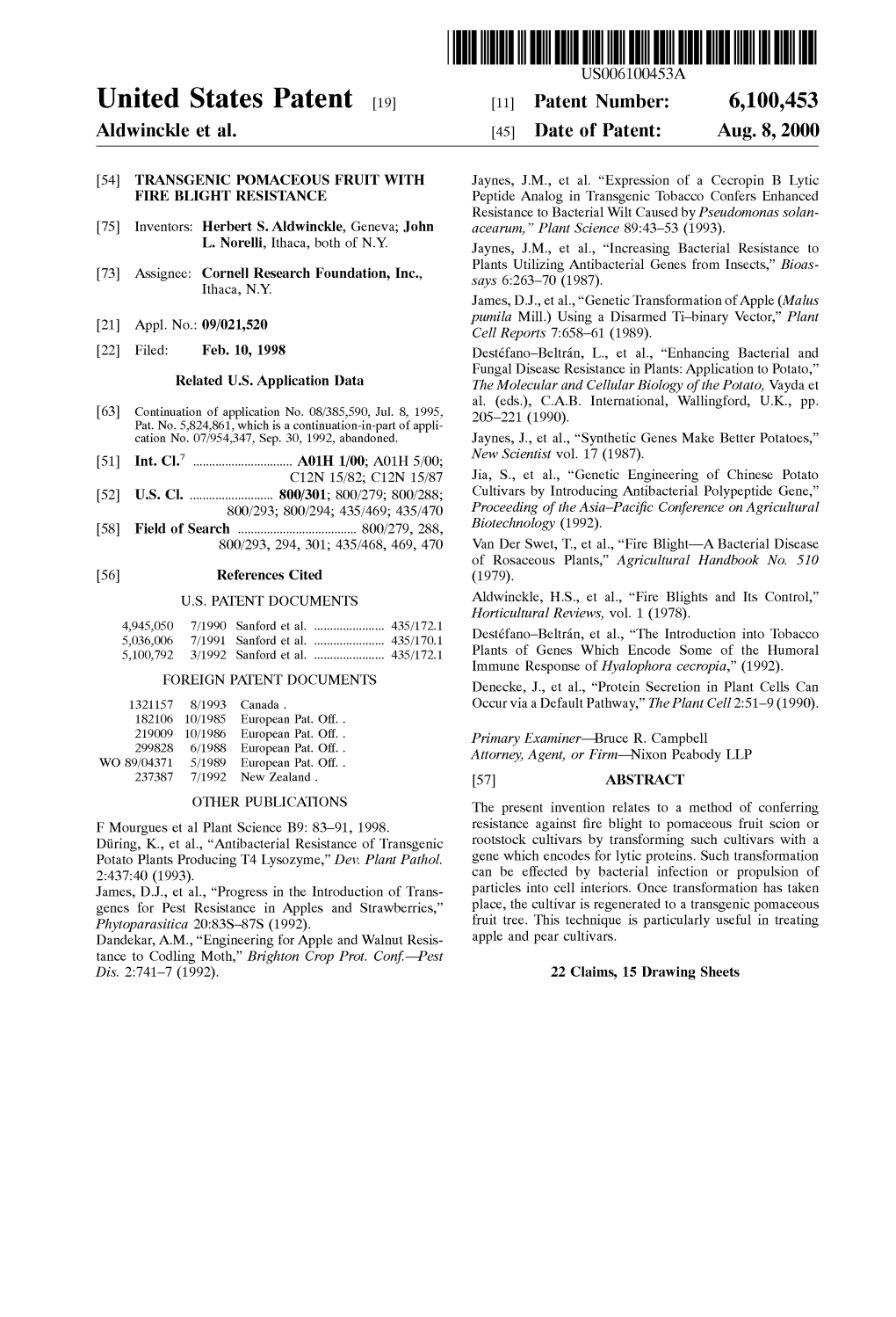 United States Patent (19) 11 Patent Number: 6,100,453 Aldwinckle Et Al