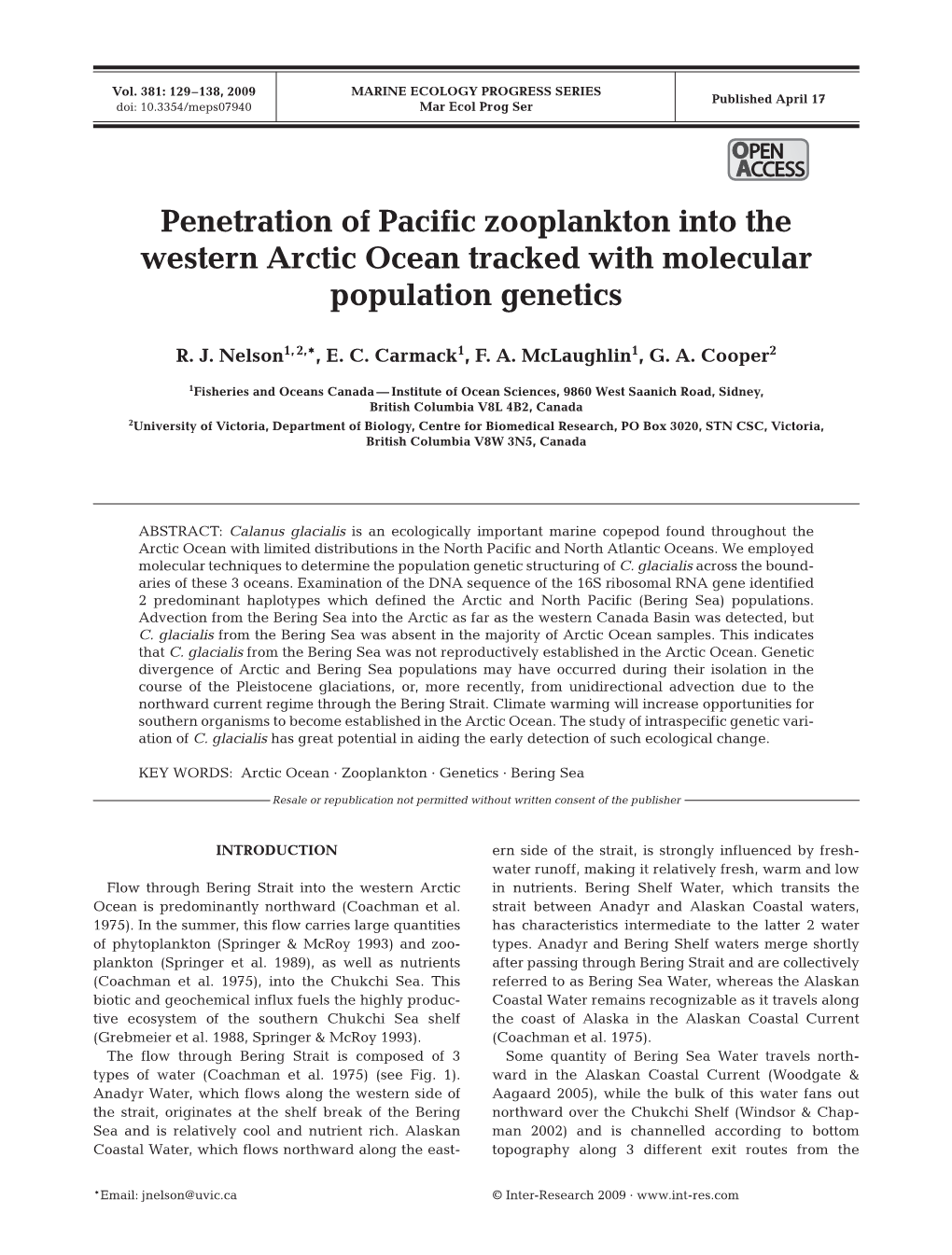 Penetration of Pacific Zooplankton Into the Western Arctic Ocean Tracked with Molecular Population Genetics