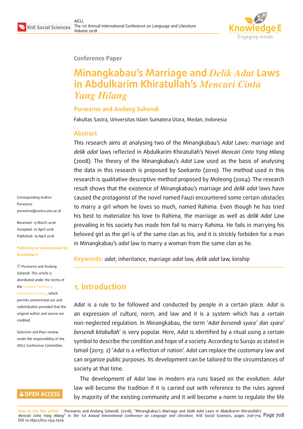 Minangkabau's Marriage and Delik Adat Laws In