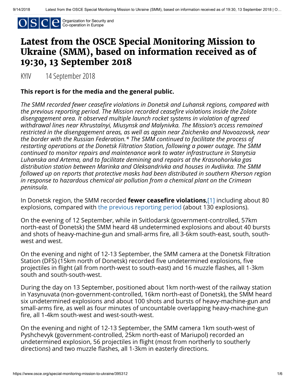 Latest from the OSCE Special Monitoring Mission to Ukraine (SMM), Based on Information Received As of 19:30, 13 September 2018 | O…