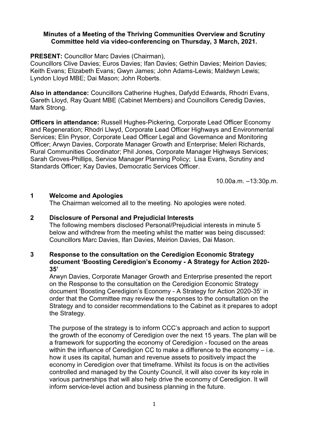 Minutes of a Meeting of the Thriving Communities Overview and Scrutiny Committee Held Via Video-Conferencing on Thursday, 3 March, 2021