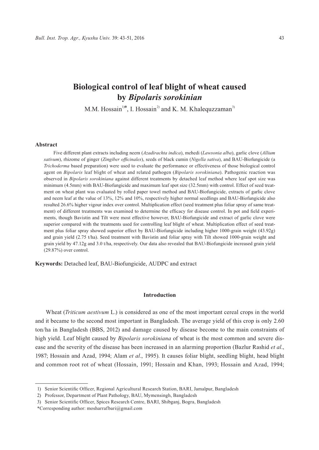 Biological Control of Leaf Blight of Wheat Caused by Bipolaris Sorokinian M.M