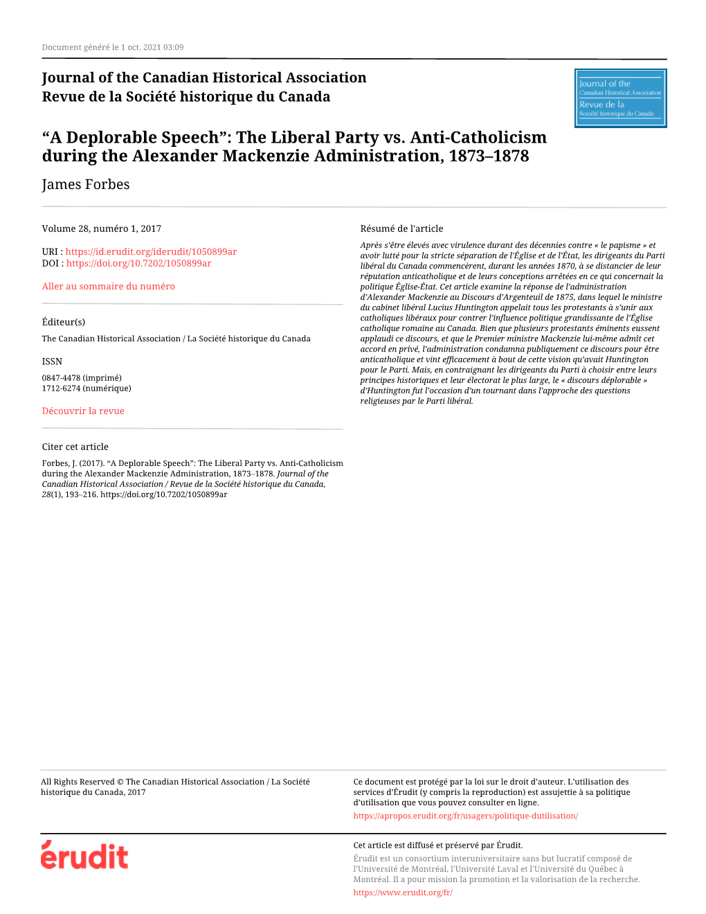 The Liberal Party Vs. Anti-Catholicism During the Alexander Mackenzie Administration, 1873–1878 James Forbes