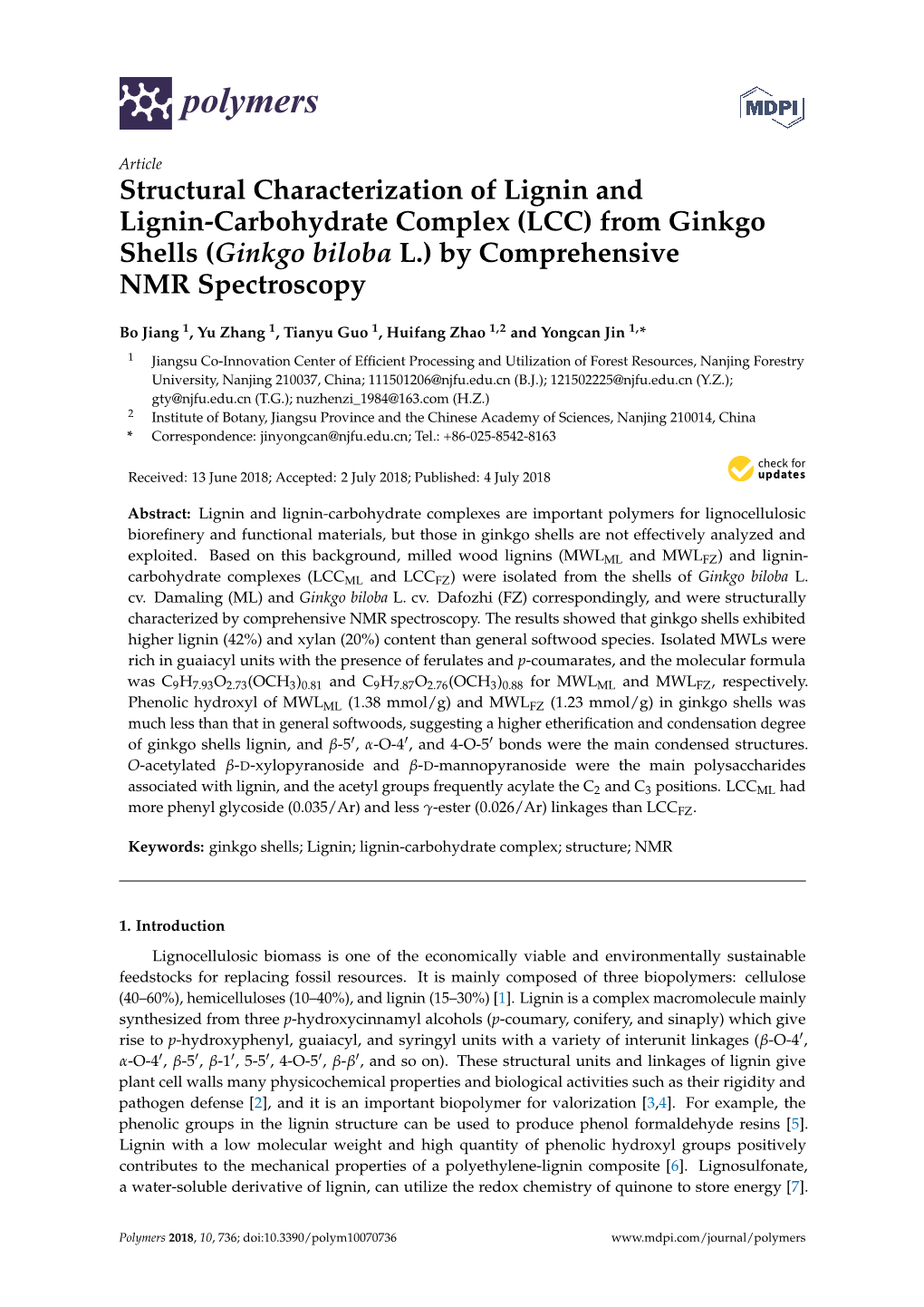 Structural Characterization of Lignin and Lignin-Carbohydrate Complex (LCC) from Ginkgo Shells (Ginkgo Biloba L.) by Comprehensive NMR Spectroscopy