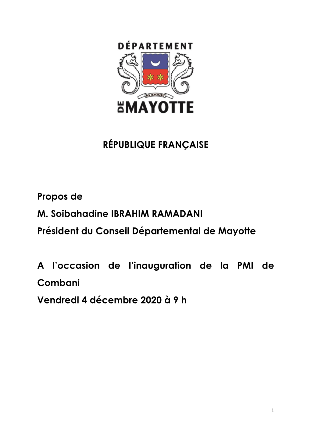 RÉPUBLIQUE FRANÇAISE Propos De M. Soibahadine IBRAHIM