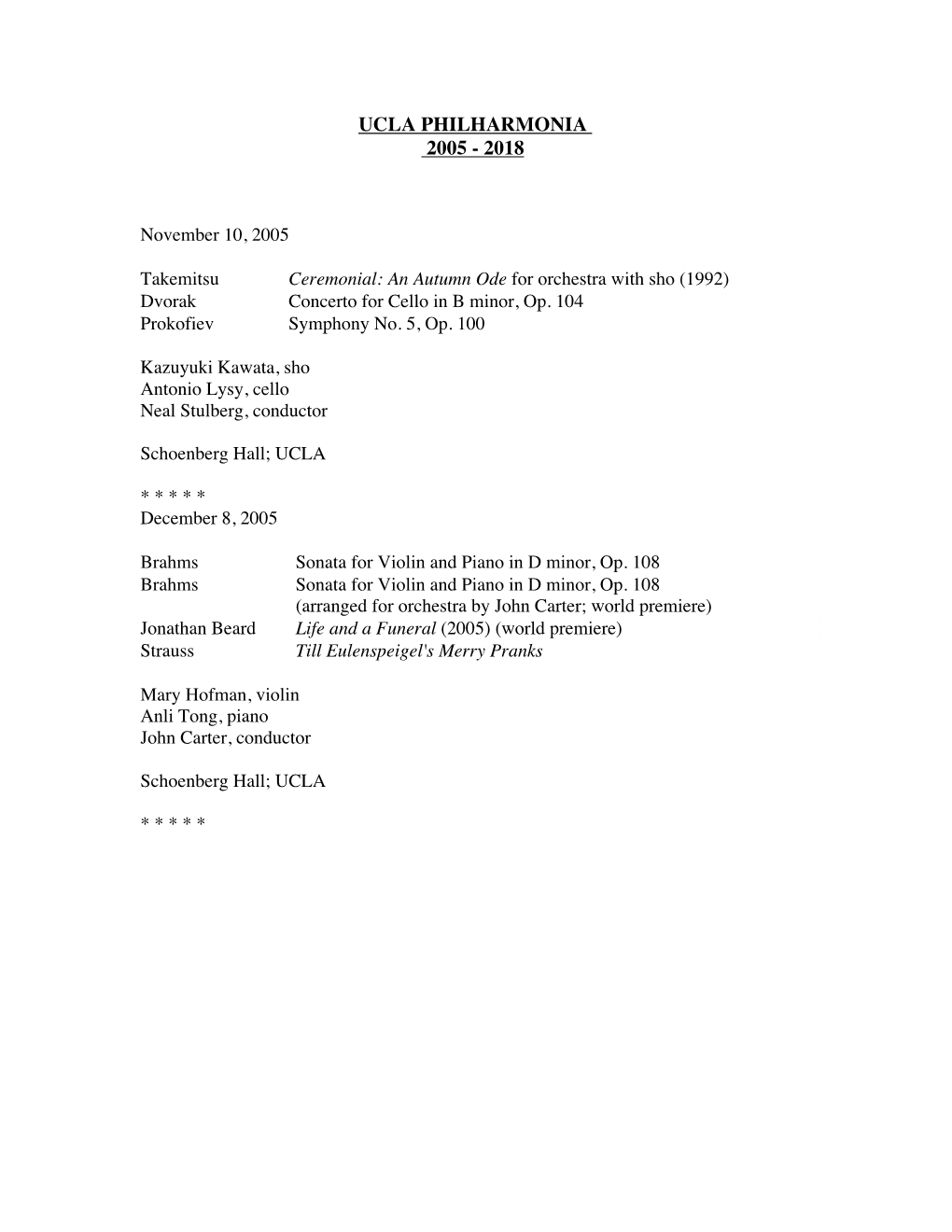 UCLA Philharmonia Programs 2005-2018