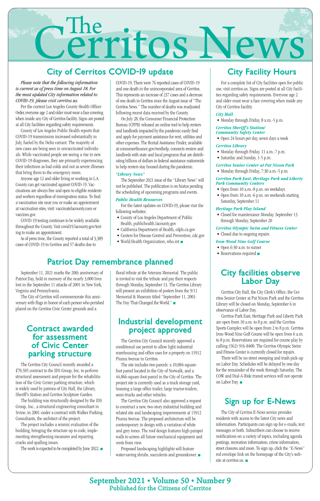 September 2021 Issue of the “Library News” Will Cerritos Park East, Heritage Park and Liberty Park Community Centers County Can Get Vaccinated Against COVID-19