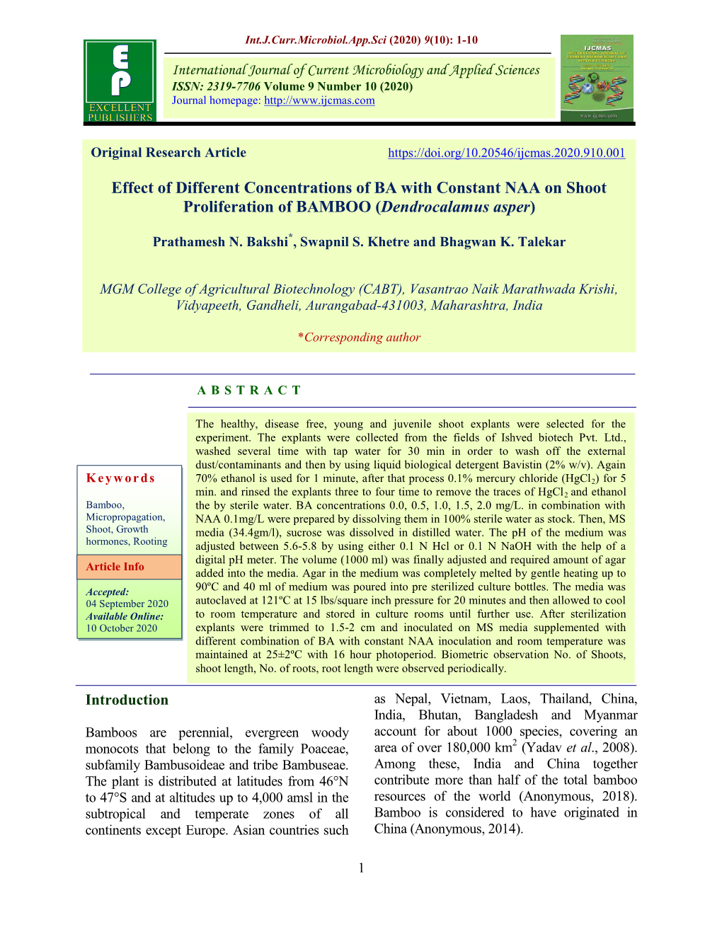 Effect of Different Concentrations of BA with Constant NAA on Shoot Proliferation of BAMBOO (Dendrocalamus Asper)