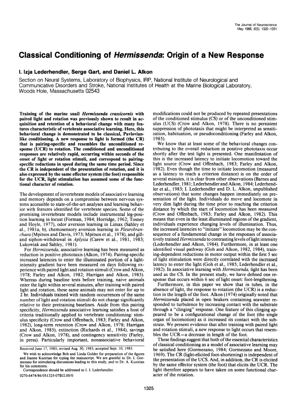 Classical Conditioning of Hermissenda: Origin of a New Response