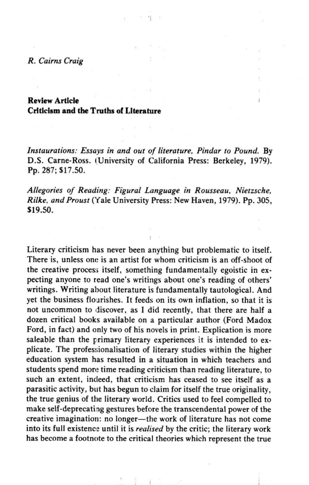 R. Cairns Craig Review Article Crltlclsm and the Truths of Literature