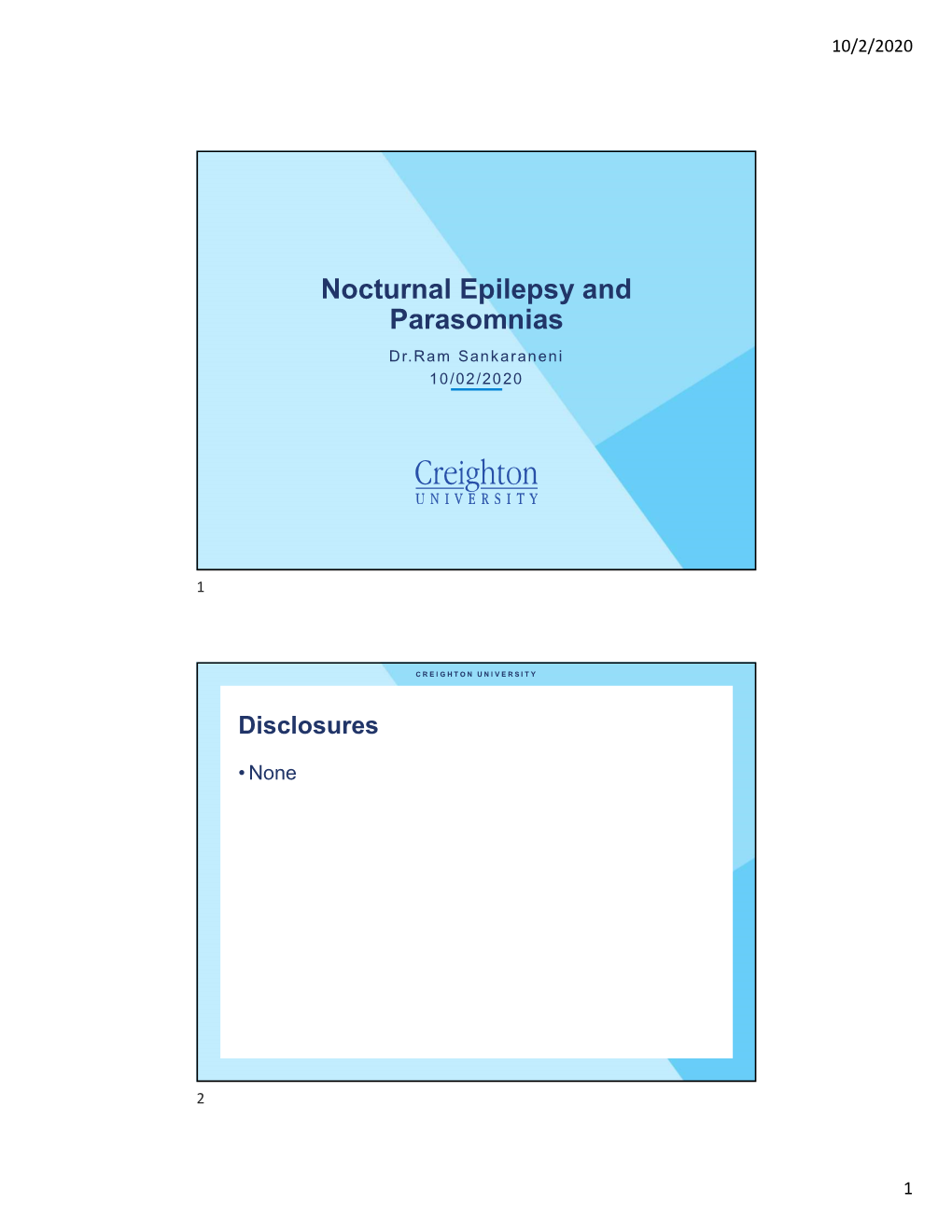 Nocturnal Epilepsy and Parasomnias Dr.Ram Sankaraneni 10/02/2020