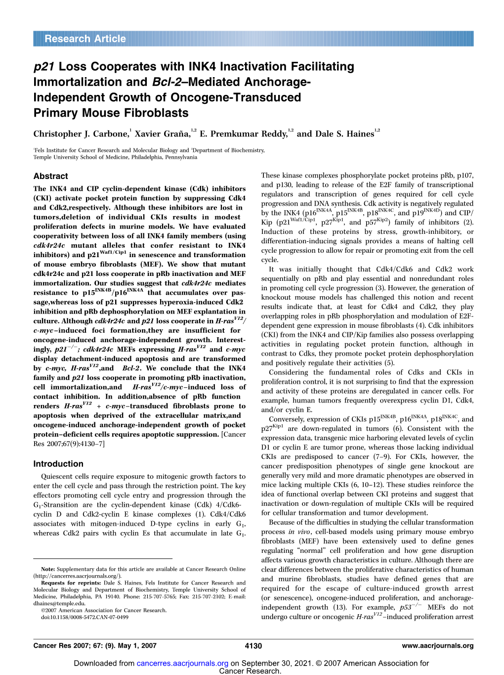 P21 Loss Cooperates with INK4 Inactivation Facilitating