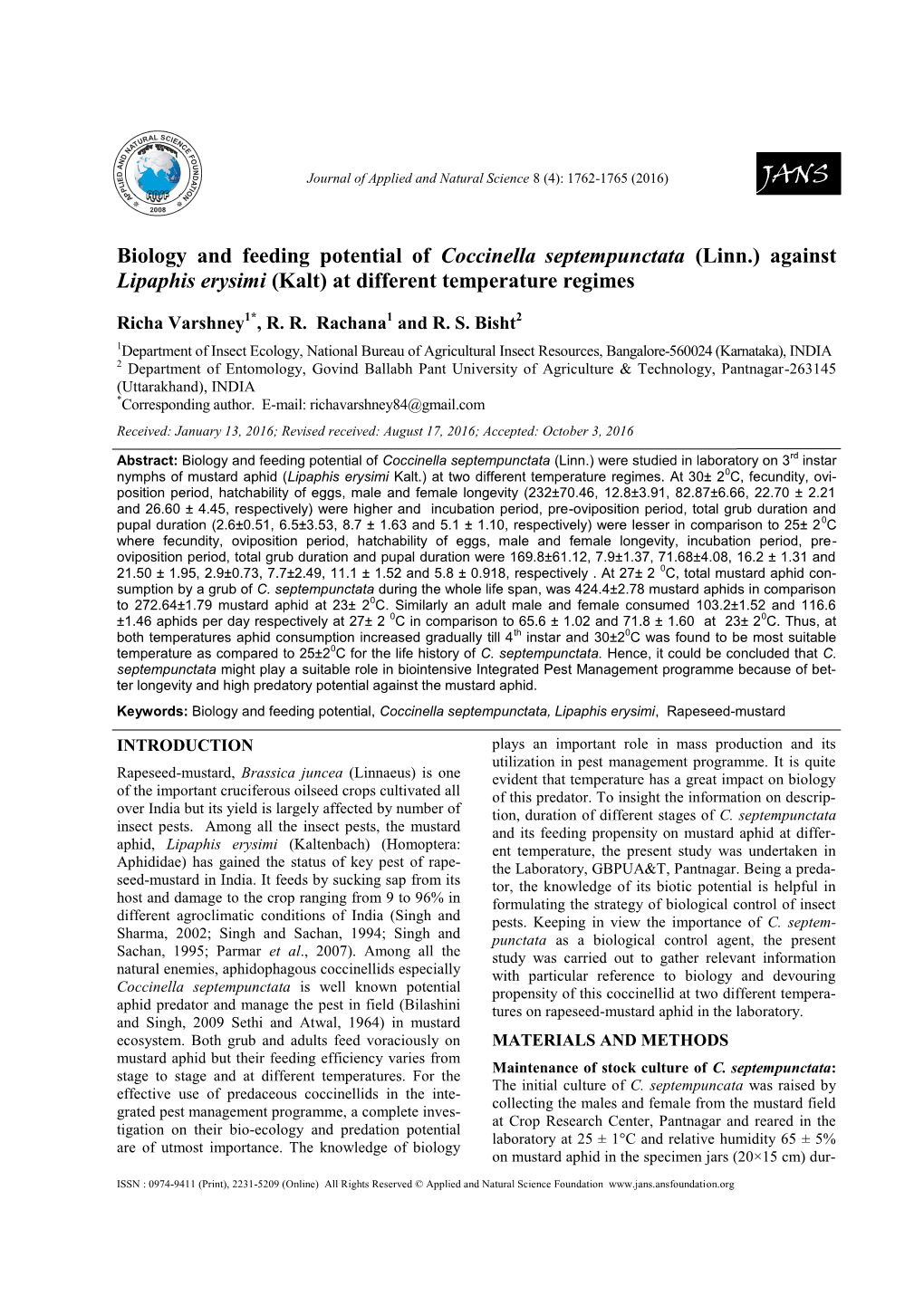 Biology and Feeding Potential of Coccinella Septempunctata (Linn.) Against Lipaphis Erysimi (Kalt) at Different Temperature Regimes