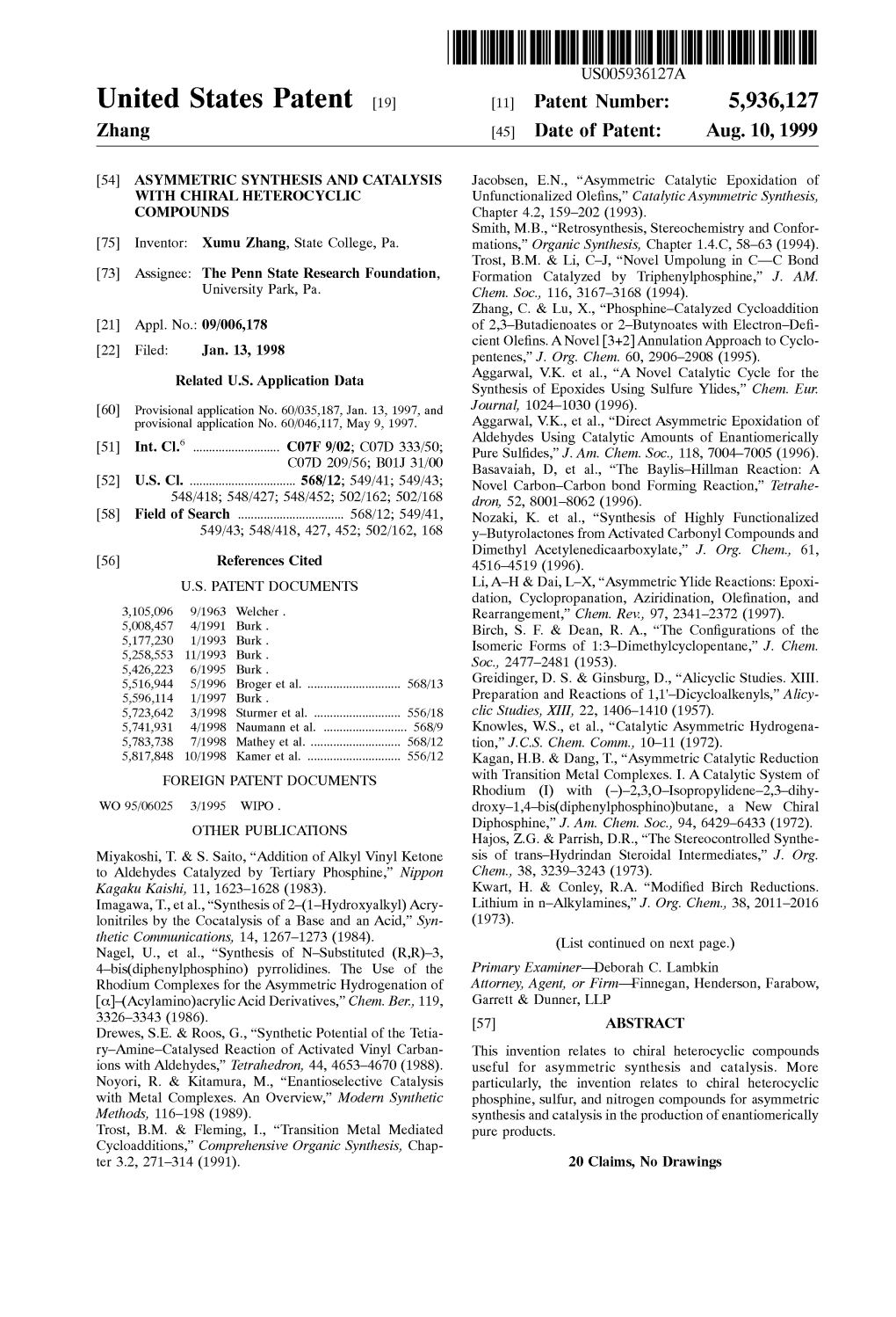 United States Patent (19) 11 Patent Number: 5,936,127 Zhang (45) Date of Patent: Aug