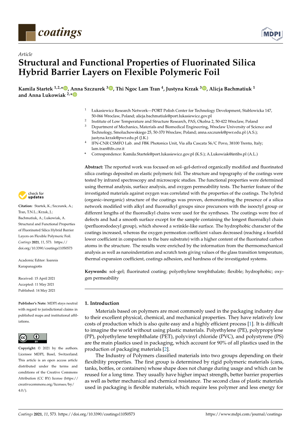 Structural and Functional Properties of Fluorinated Silica Hybrid Barrier Layers on Flexible Polymeric Foil