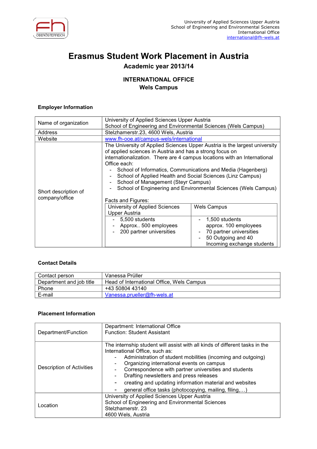 Erasmus Student Work Placement in Austria Academic Year 2013/14