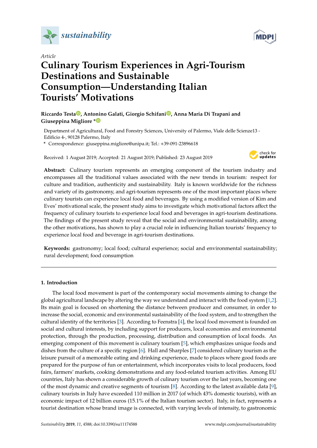 Culinary Tourism Experiences in Agri-Tourism Destinations and Sustainable Consumption—Understanding Italian Tourists’ Motivations