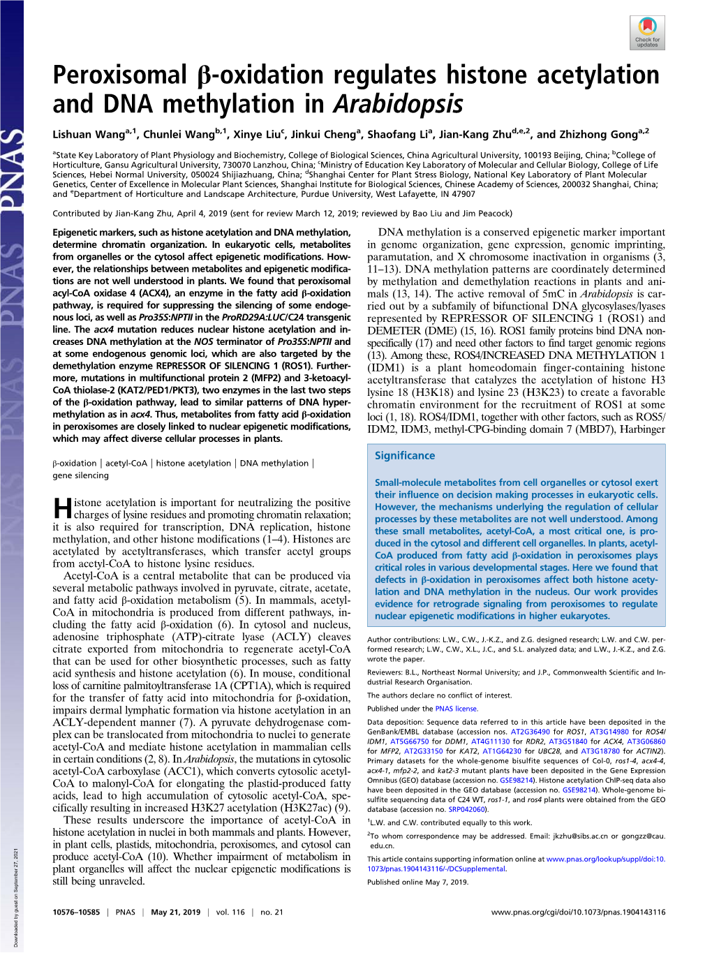 Peroxisomal Β-Oxidation Regulates Histone Acetylation and DNA Methylation in Arabidopsis
