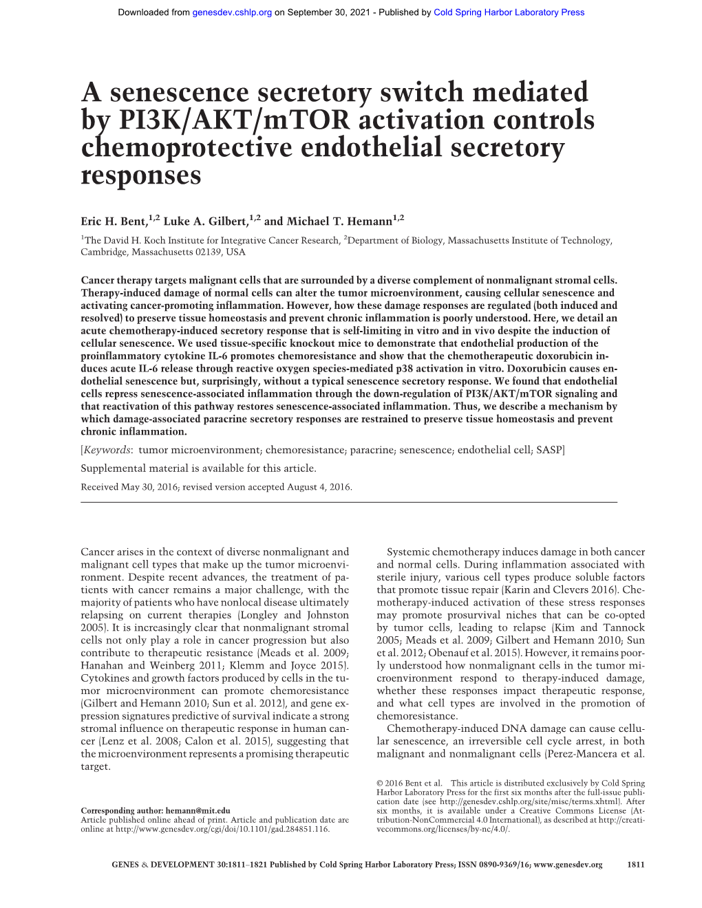 A Senescence Secretory Switch Mediated by PI3K/AKT/Mtor Activation Controls Chemoprotective Endothelial Secretory Responses