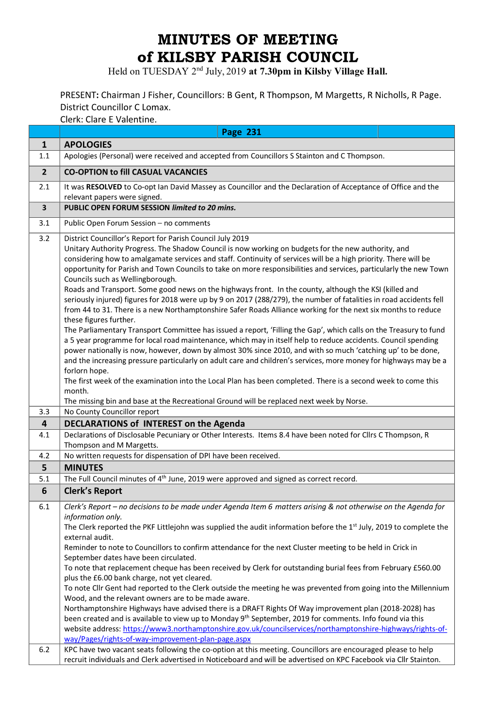 MINUTES of MEETING of KILSBY PARISH COUNCIL Held on TUESDAY 2Nd July, 2019 at 7.30Pm in Kilsby Village Hall