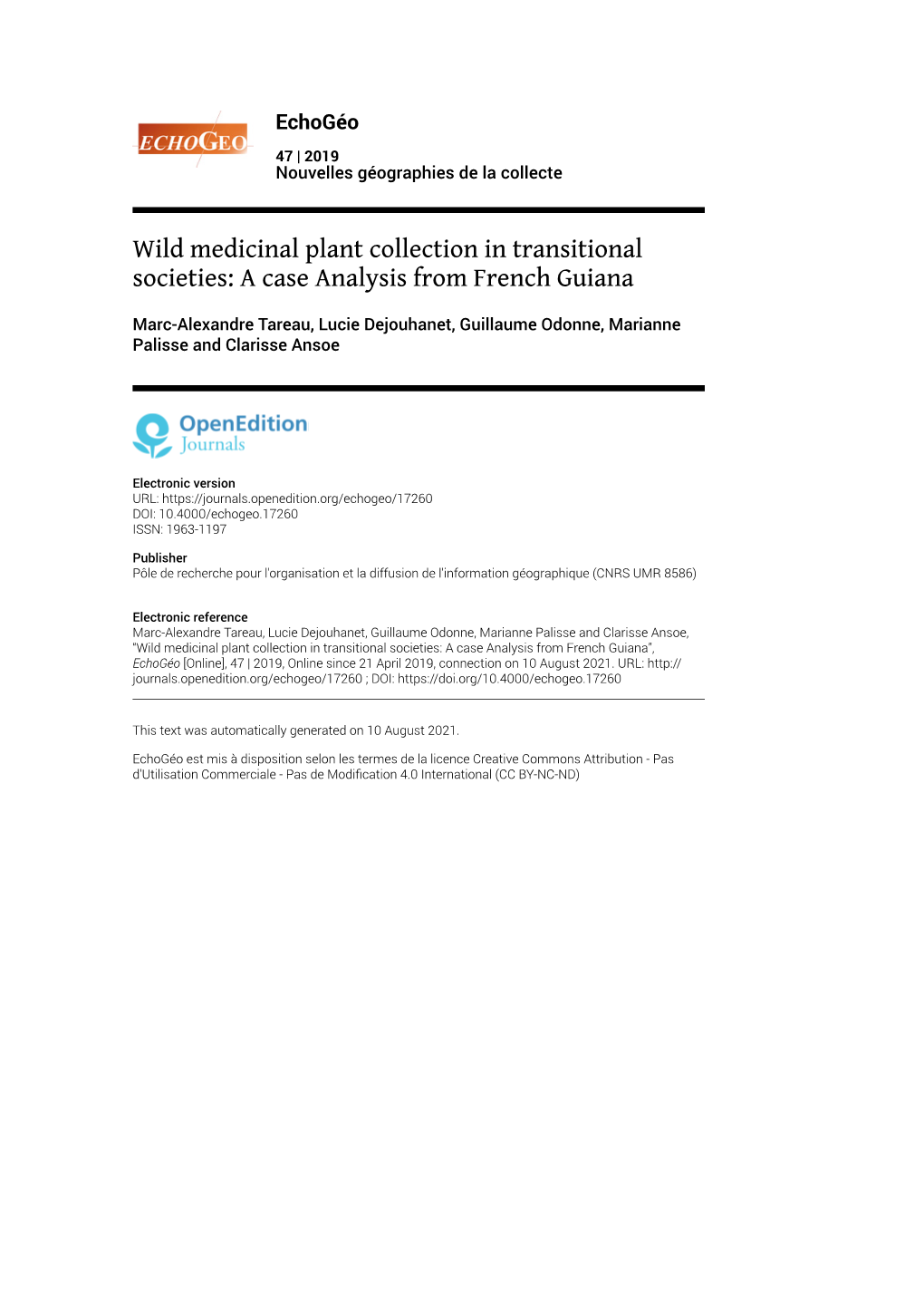 Echogéo, 47 | 2019 Wild Medicinal Plant Collection in Transitional Societies: a Case Analysis Fr