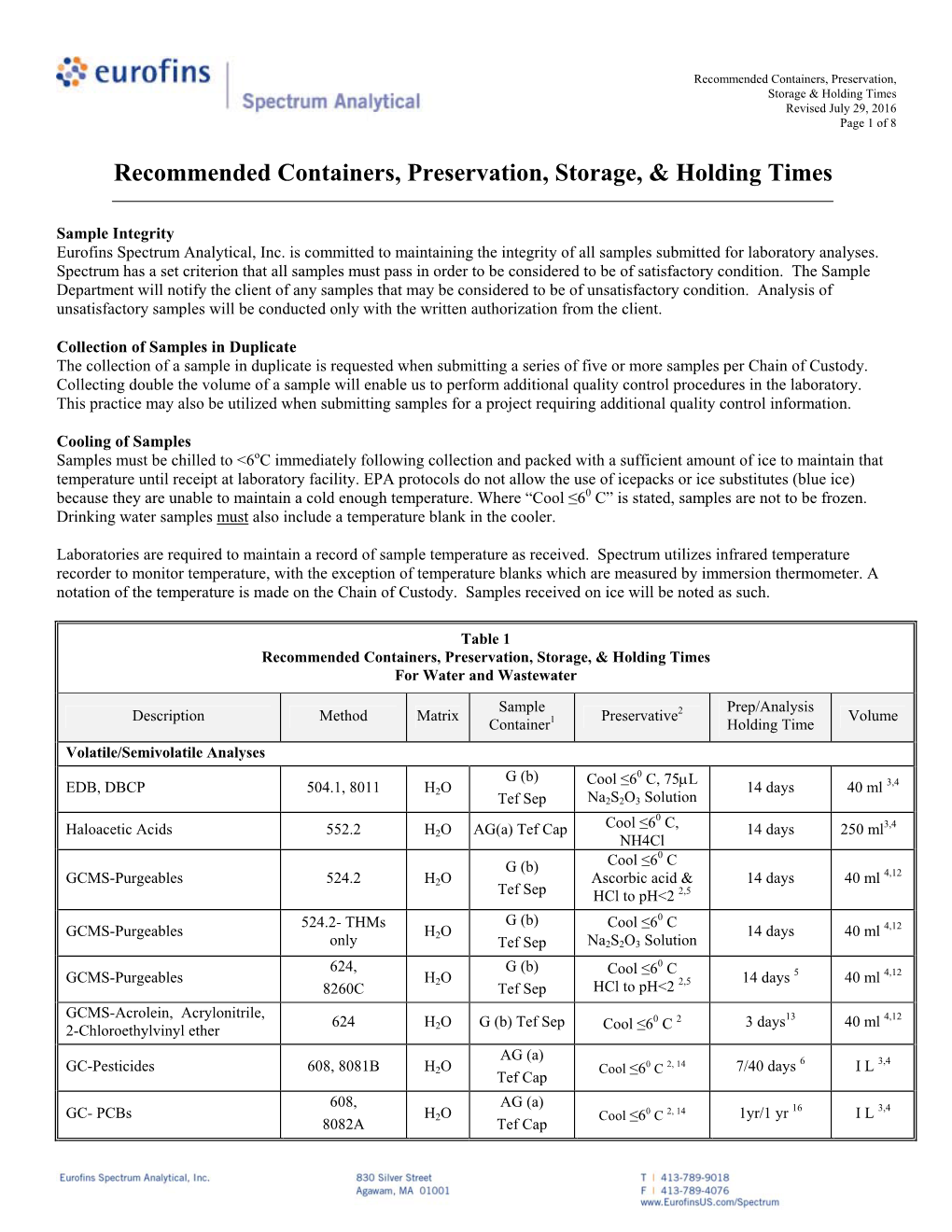 Recommended Containers, Preservation, Storage, & Holding