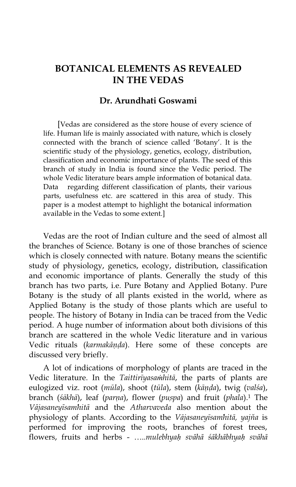 Botanical Elements As Revealed in the Vedas