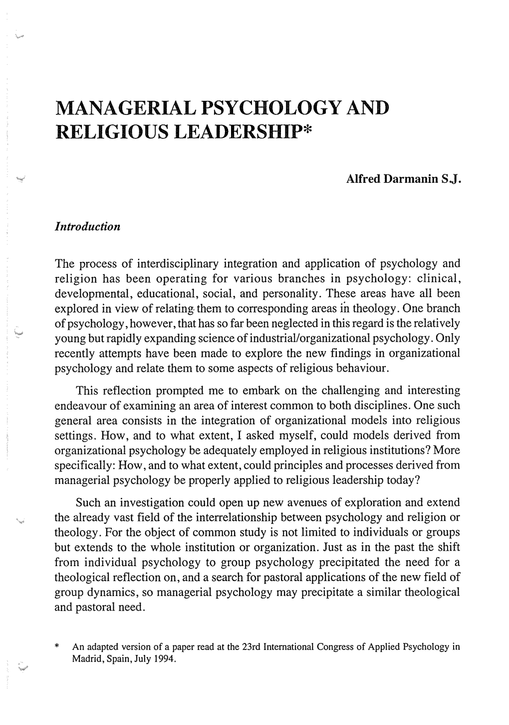 Managerial Psychology and Religious Leadership*