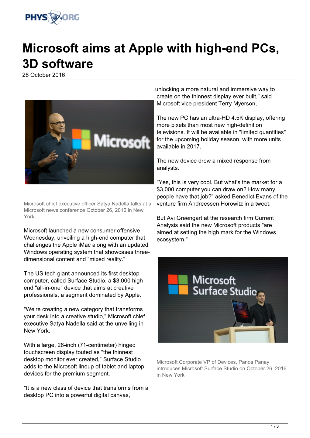 Microsoft Aims at Apple with High-End Pcs, 3D Software 26 October 2016