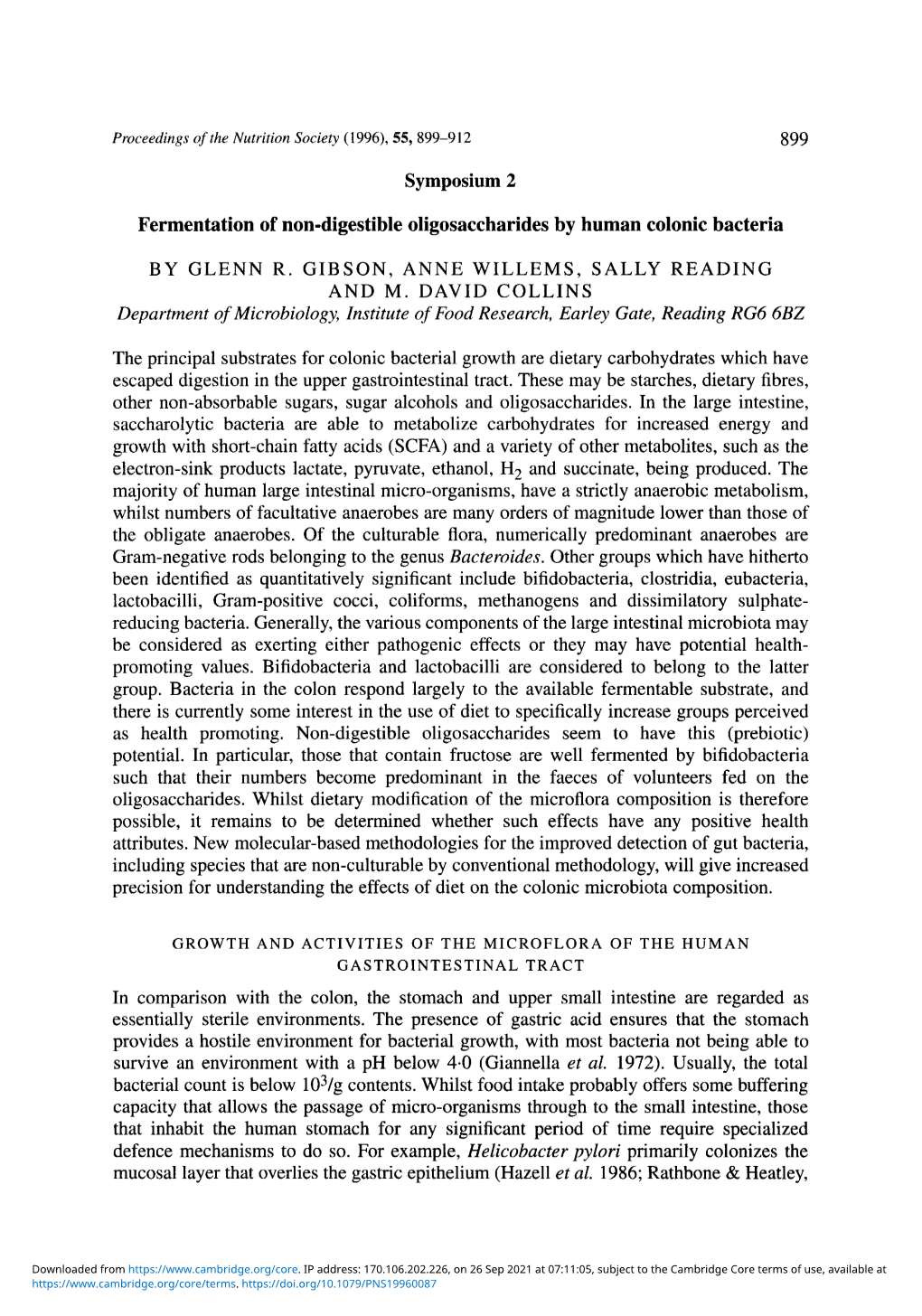 Fermentation of Non-Digestible Oligosaccharides by Human Colonic Bacteria