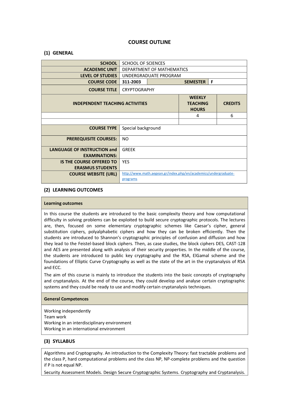 Cryptography Weekly Independent Teaching Activities Teaching Credits Hours 4 6