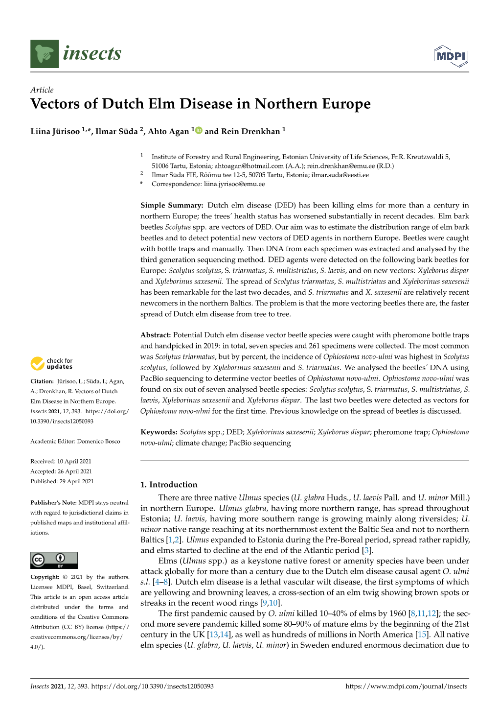 Vectors of Dutch Elm Disease in Northern Europe