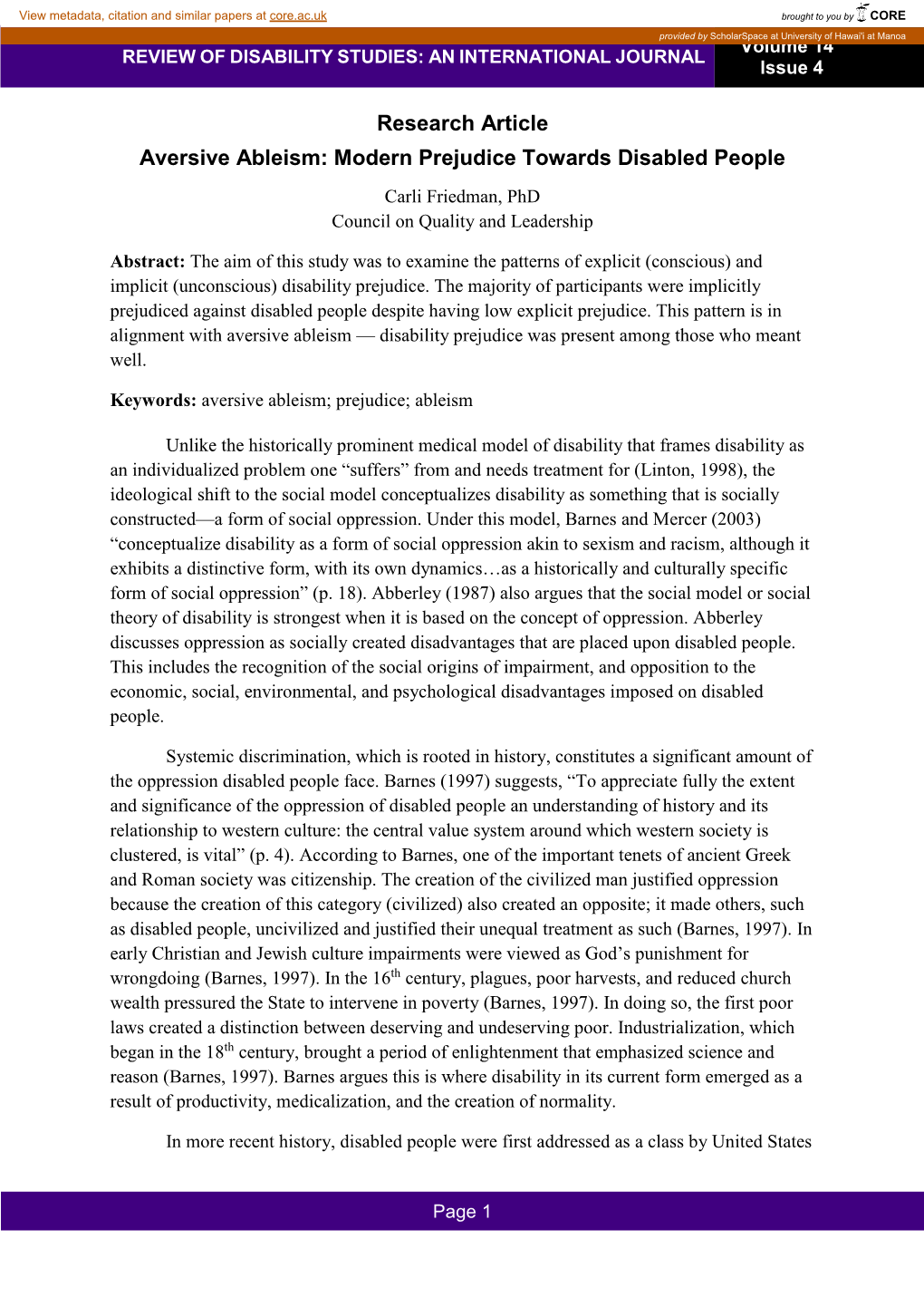 Modern Prejudice Towards Disabled People Carli Friedman, Phd Council on Quality and Leadership