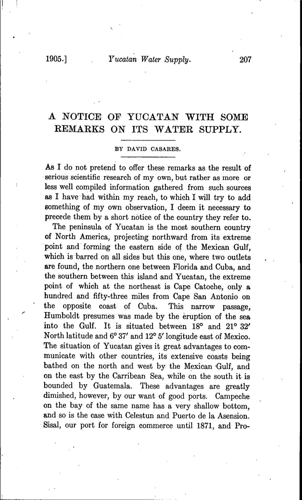 A Notice of Yucatan with Some Remarks on Its Water Supply
