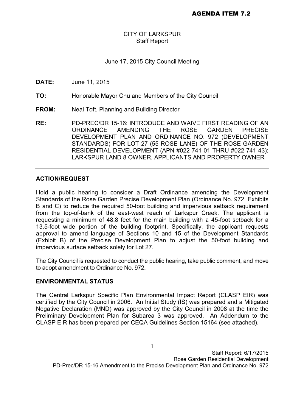 AGENDA ITEM 7.2 CITY of LARKSPUR Staff Report June 17