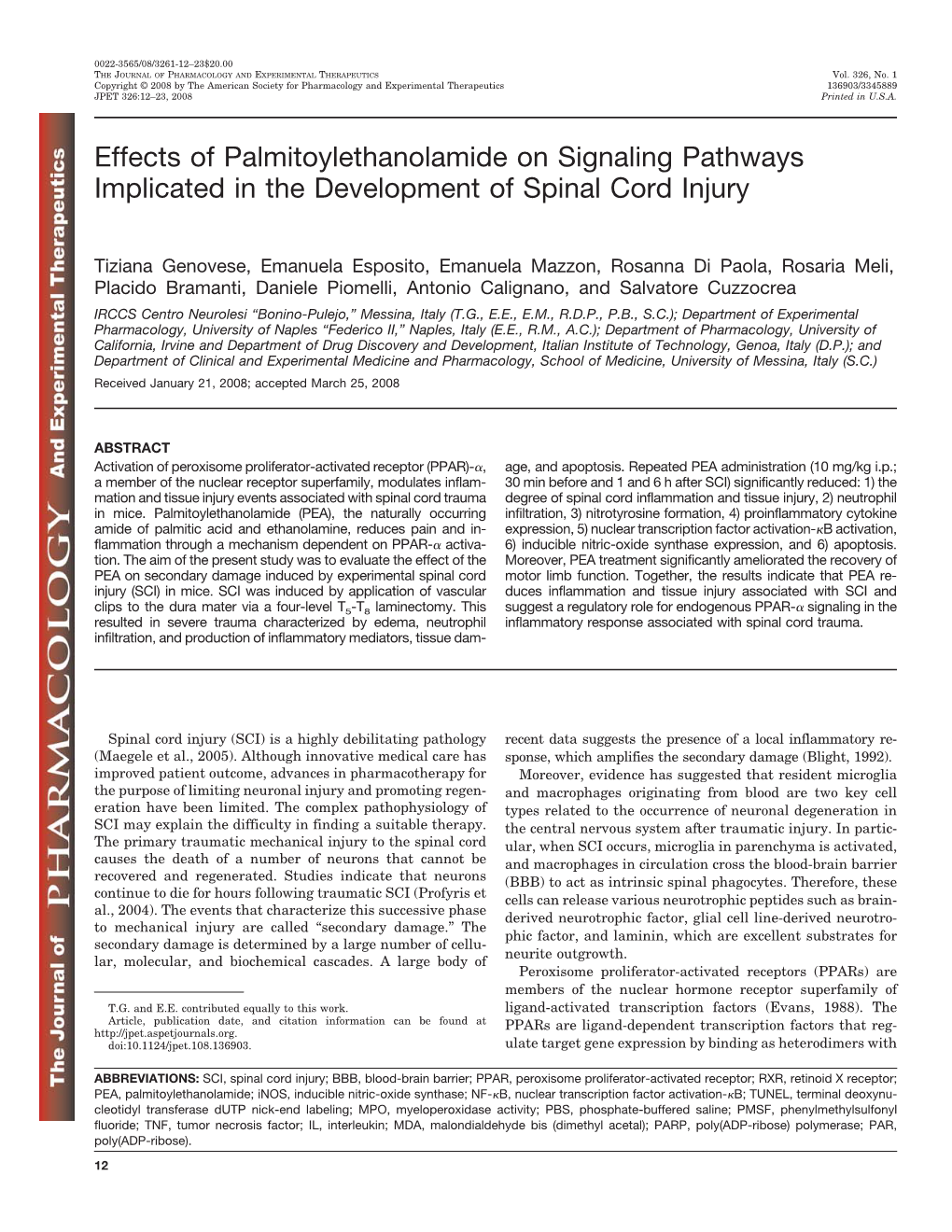 Effects of Palmitoylethanolamide on Signaling Pathways Implicated in the Development of Spinal Cord Injury