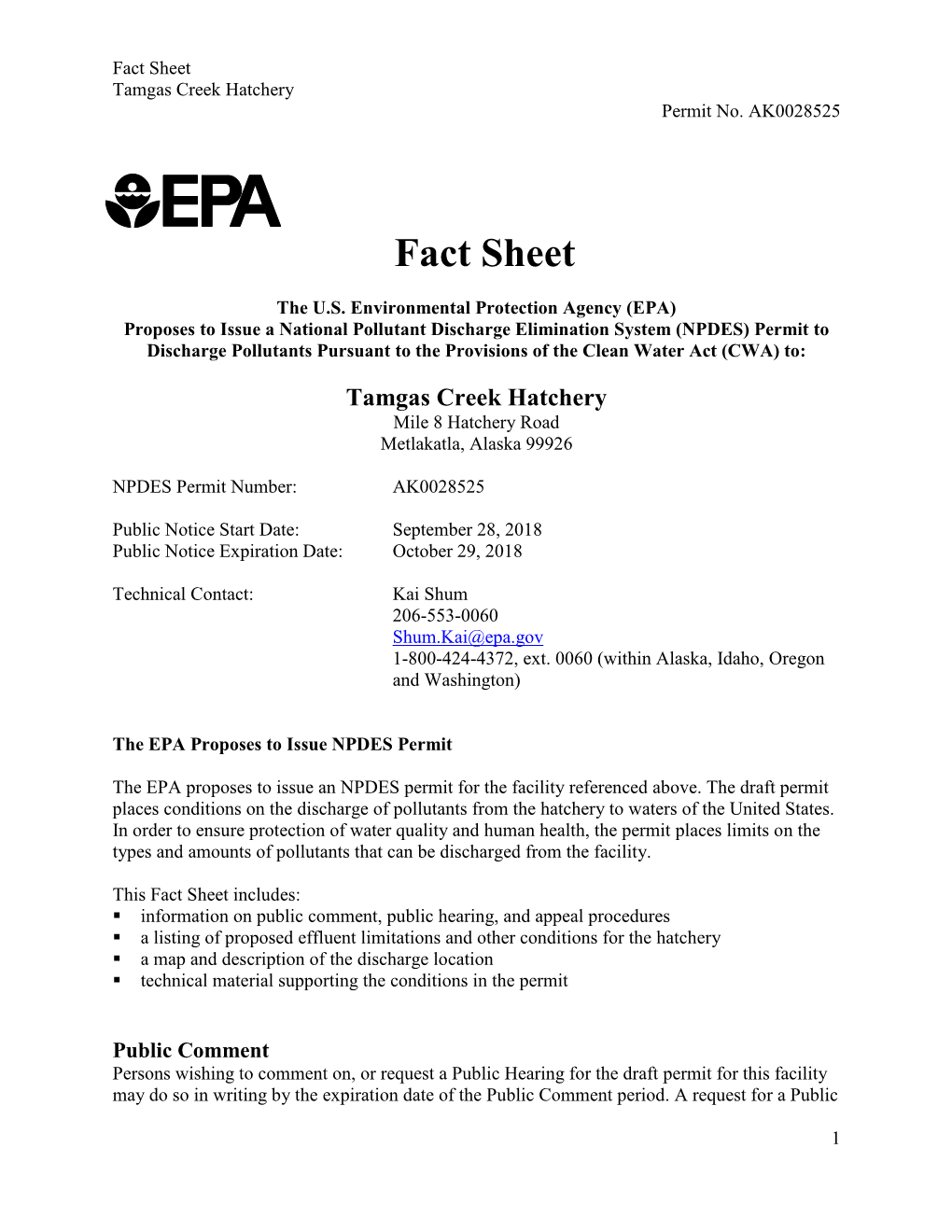 NPDES Permit Fact Sheet for Tamgas Creek Hatchery, Metlakatla, Alaska