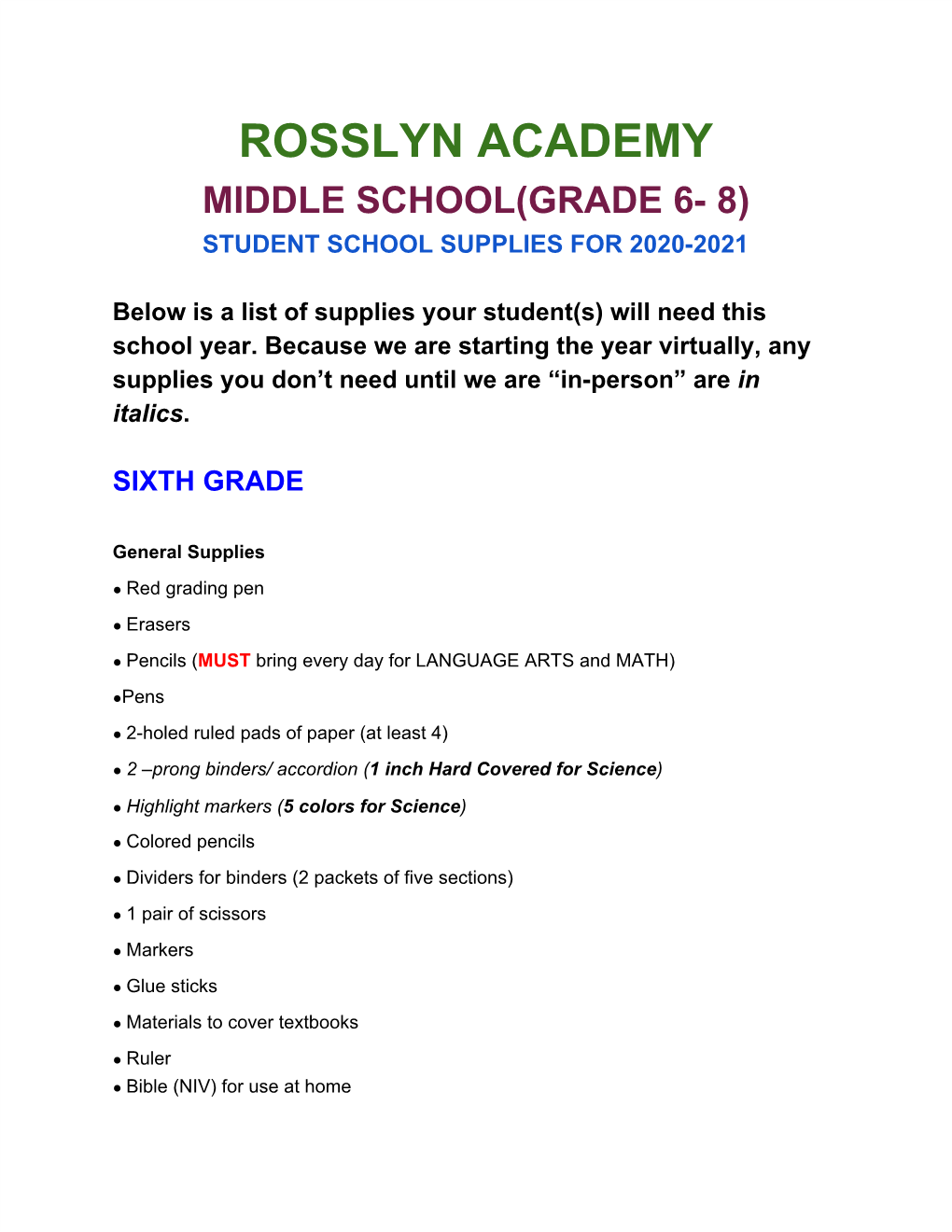 Student Supply List