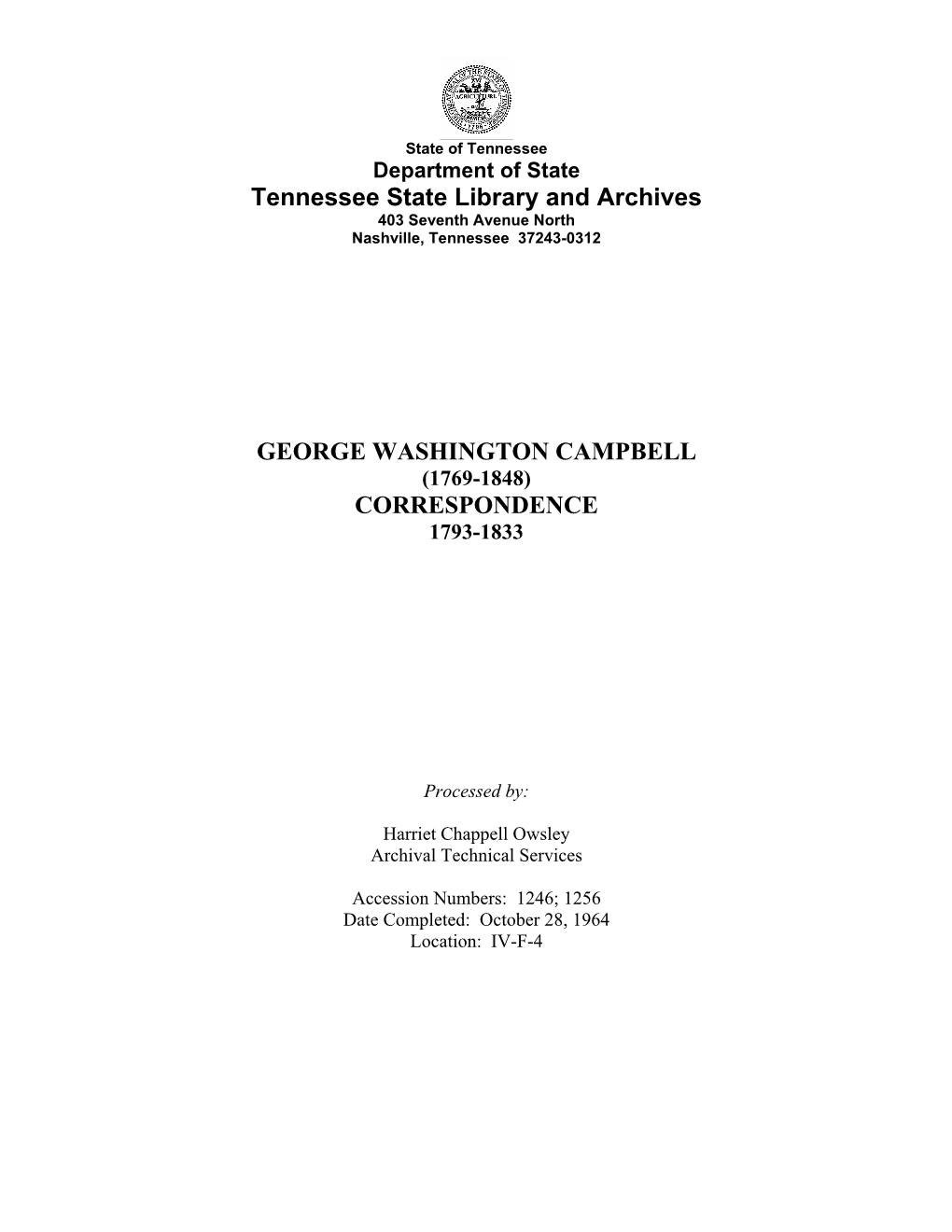 George Washington Campbell Correspondence, 1793-1833