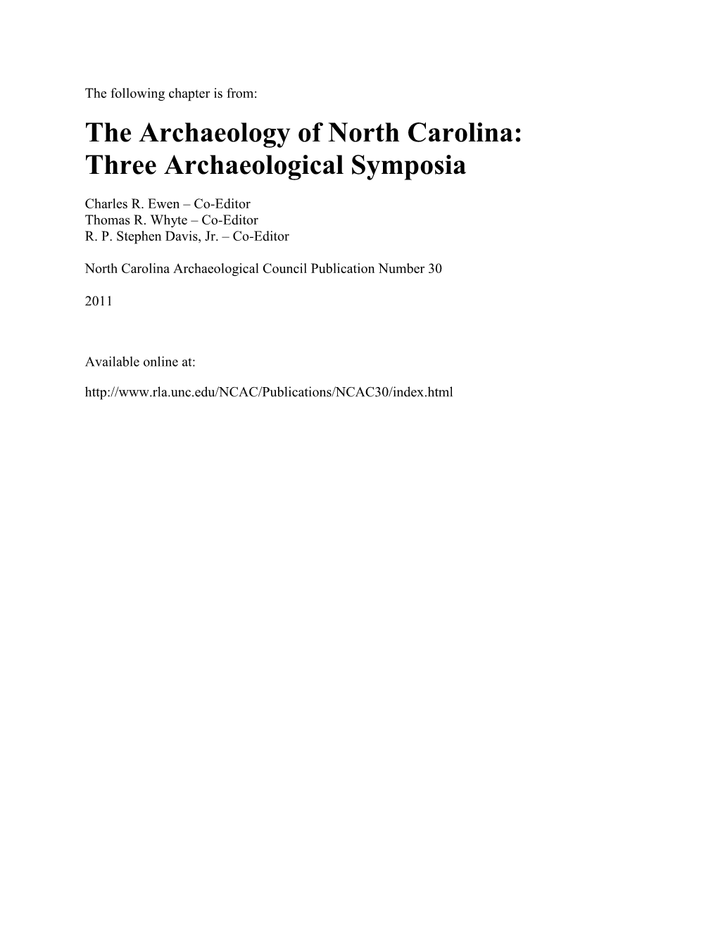 The Archaeology of North Carolina: Three Archaeological Symposia