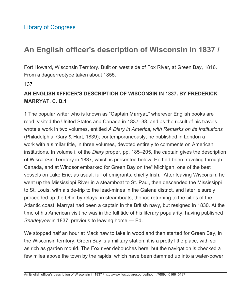 An English Officer's Description of Wisconsin in 1837