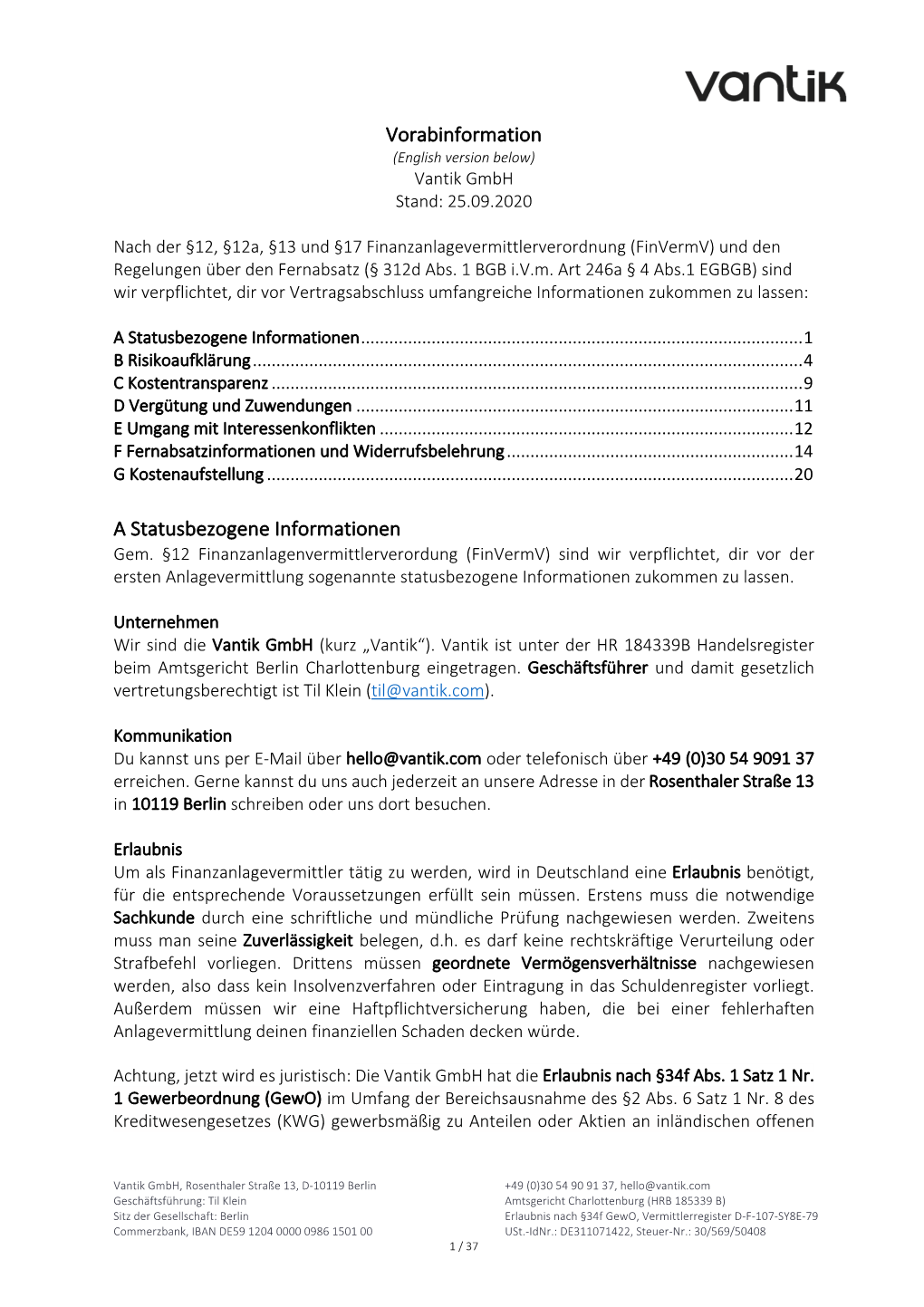 Vorabinformation a Statusbezogene Informationen