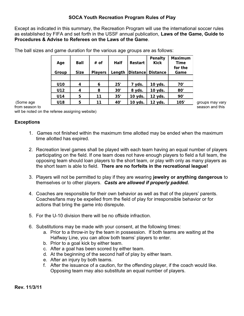 SOCA Youth Recreation Program Rules of Play