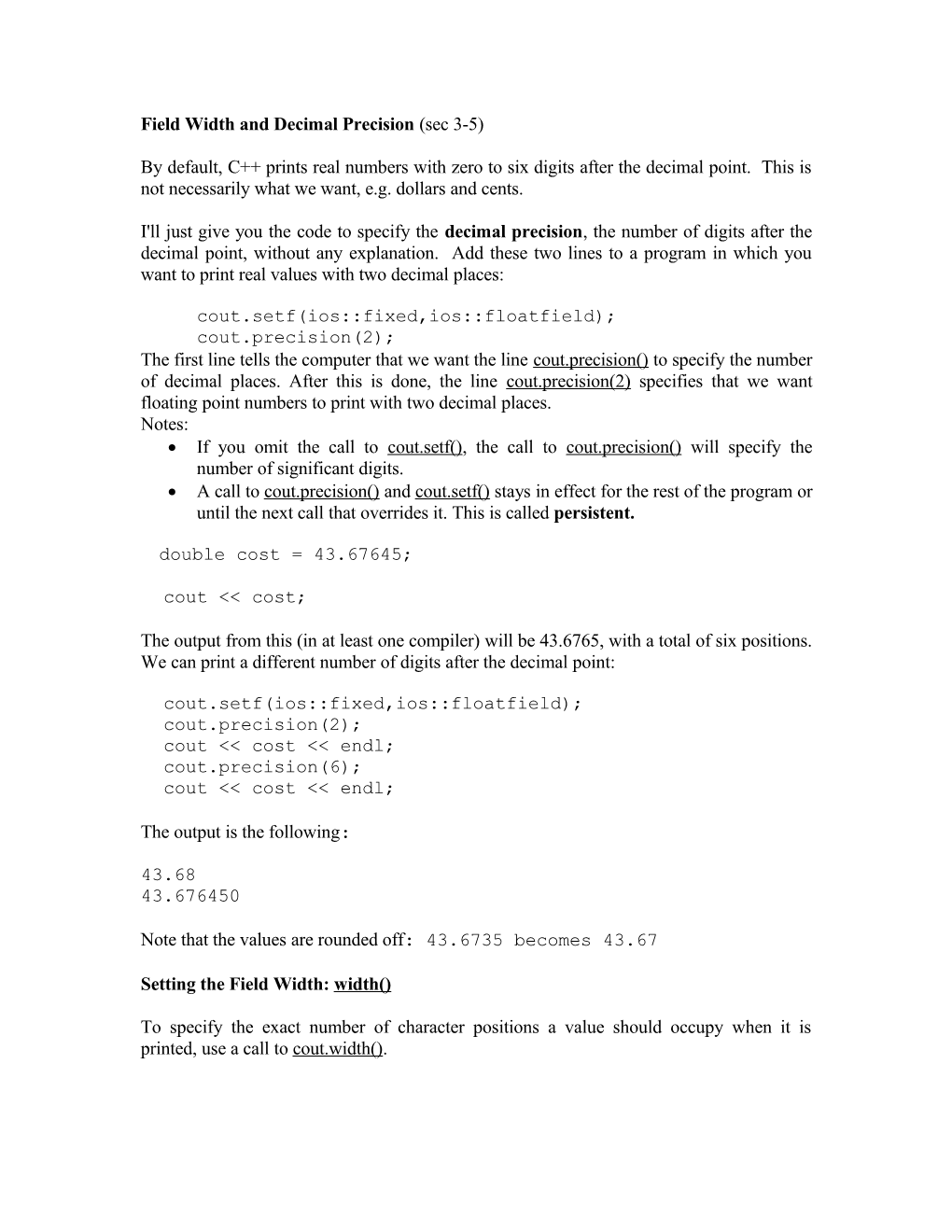 Field Width and Decimal Precision