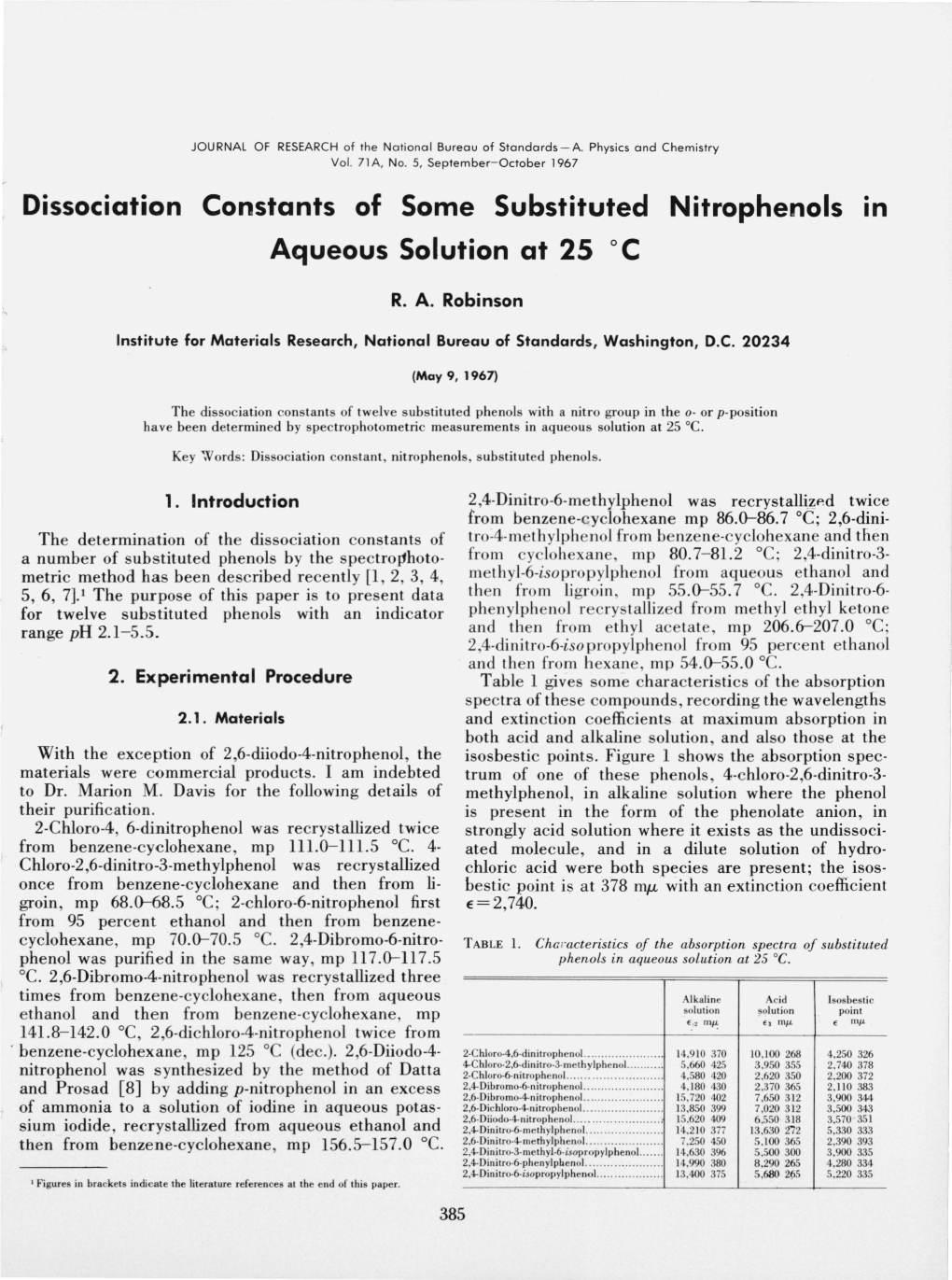 Dissociation Constants of Some Substituted Nitrophenols in Aqueous Solution at 25 Degrees C