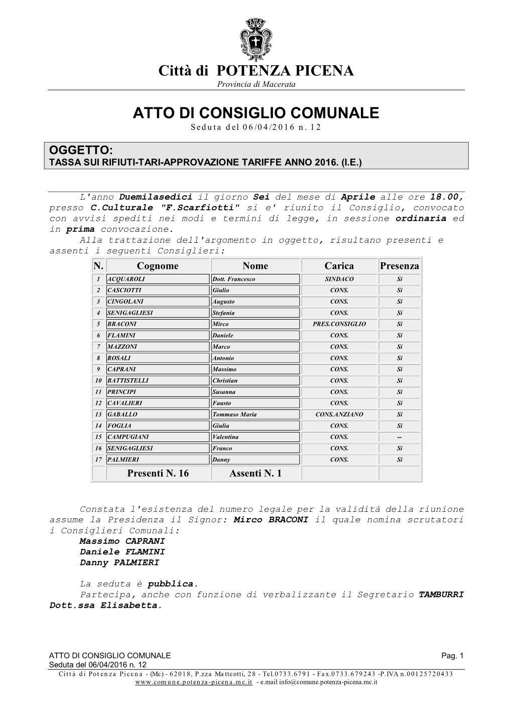 Città Di POTENZA PICENA ATTO DI CONSIGLIO COMUNALE