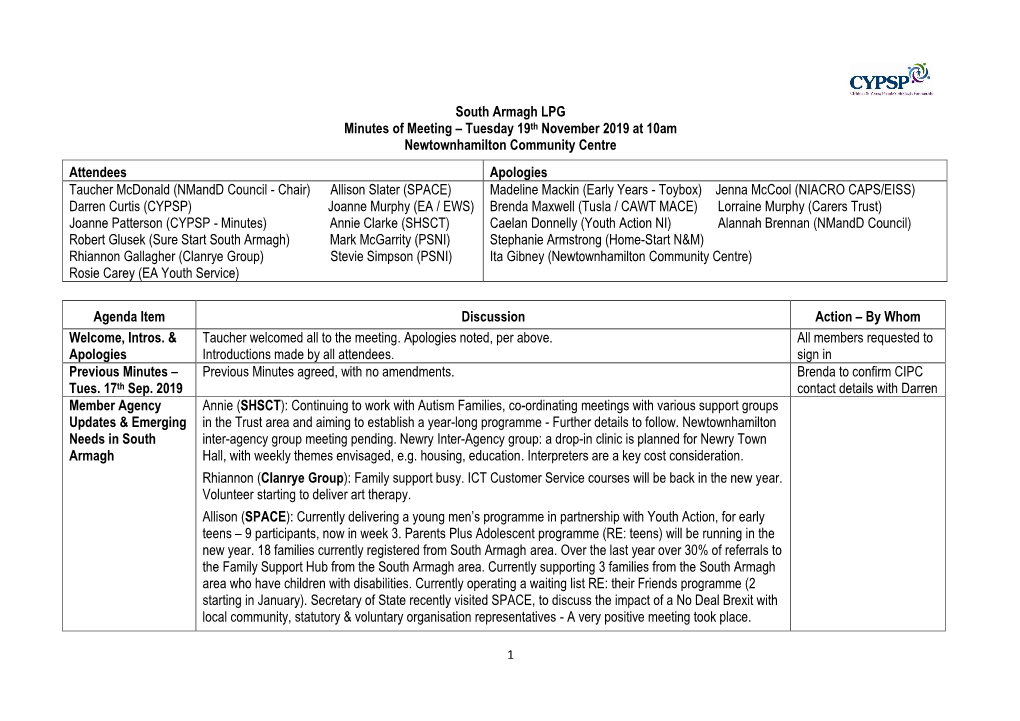 South Armagh LPG Minutes of Meeting – Tuesday 19Th November 2019 at 10Am Newtownhamilton Community Centre