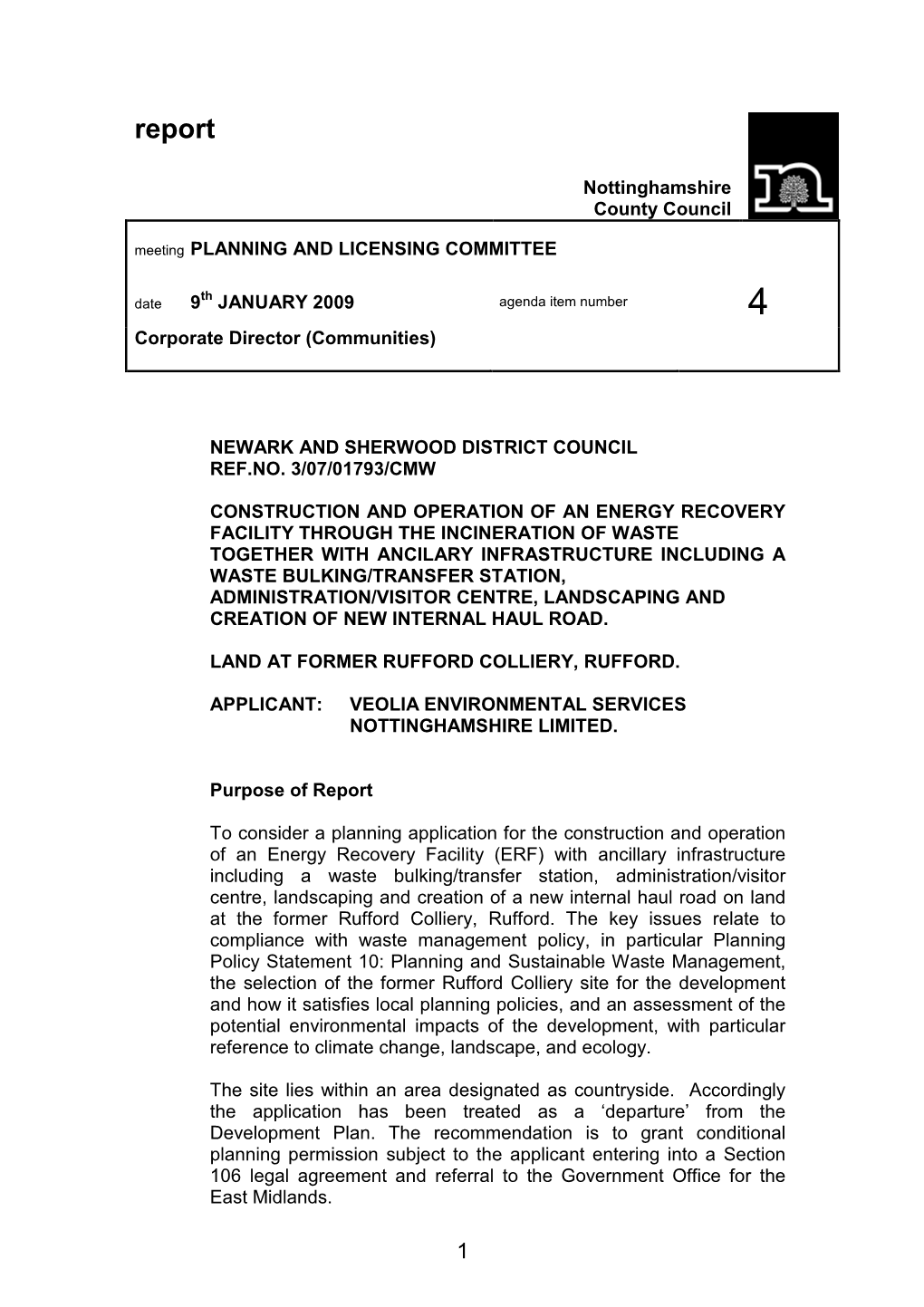 NCC14 9-9-09 Original Committee Report Land at Former Rufford